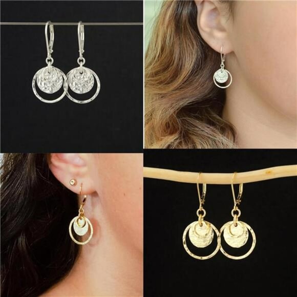 Gold Silver Disc Drop Earrings Leverback Dangle Sterling Circle Jewelry - Picture 5 of 7